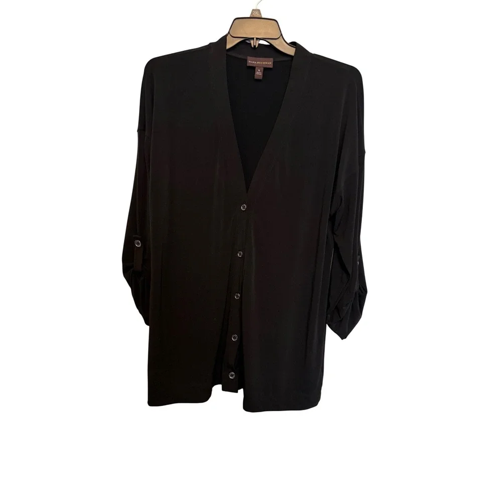 Dana Buchman‎ Black Roll Tab Sleeve Button Front Cardigan Sweater XL Womens